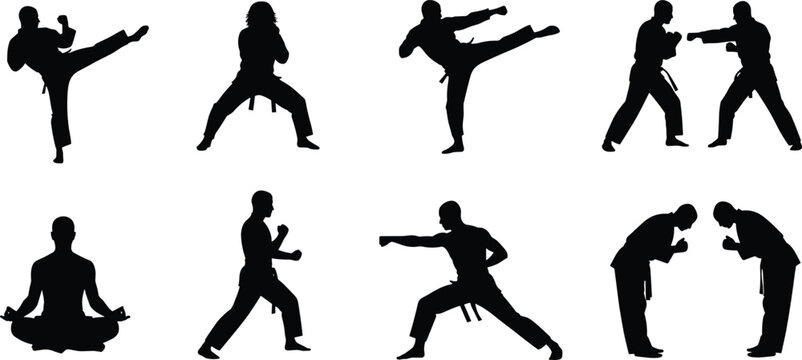 Collection of black martial arts silhouettes featuring karate fighters kicking, punching, meditating, and bowing