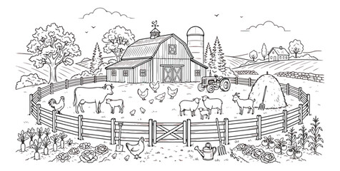 Vintage farm landscape line art, rustic countryside barn with livestock and garden, hand drawn agricultural scene with animals and tractor © Nadidon