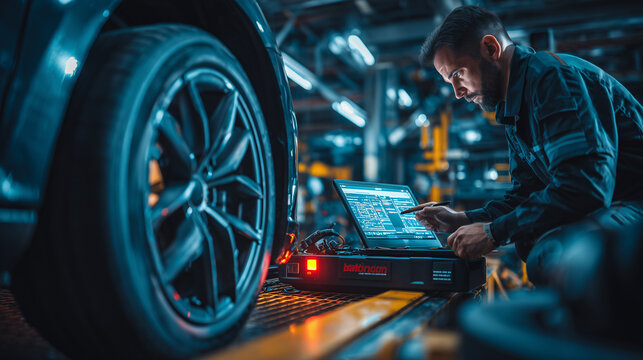 Automotive technician performing digital vehicle diagnostics in modern workshop