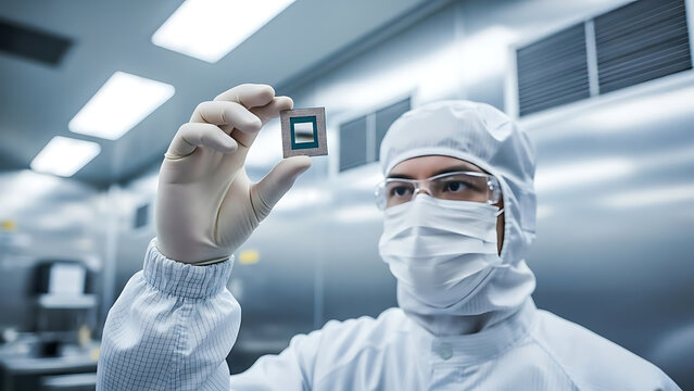 Professional technician in sterile suit holding advanced silicon semiconductor microchip within high-tech industrial laboratory during innovative microelectronics engineering and research.