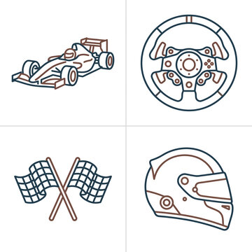 A set of four linear icons representing professional auto racing