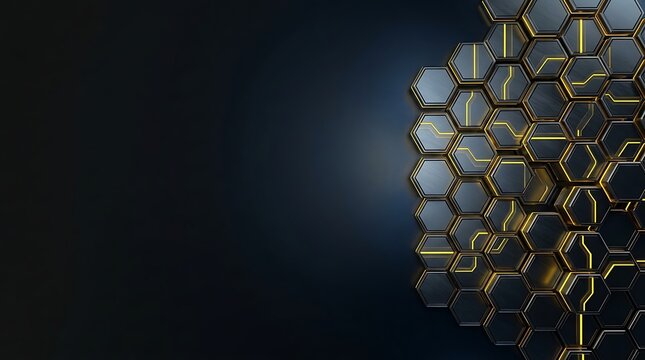 Abstract hexagonal pattern with glowing yellow digital circuit lines