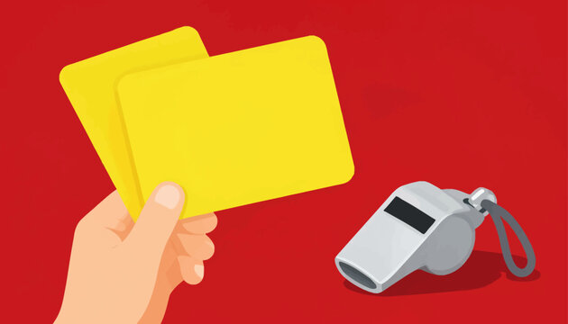 Sports referee holding yellow cards and a whistle, symbolizing penalties and warnings in game management and officiating