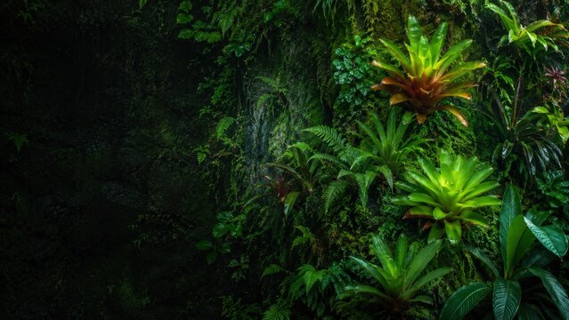Textured Copy Space Lush Rainforest Bromeliads in Dark Misty Jungle