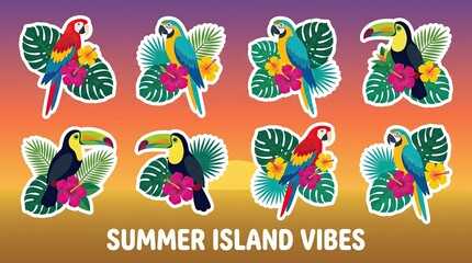 Obraz premium Colorful tropical bird decals with parrots, toucans, jungle foliage, and exotic flowers against a sunset background.