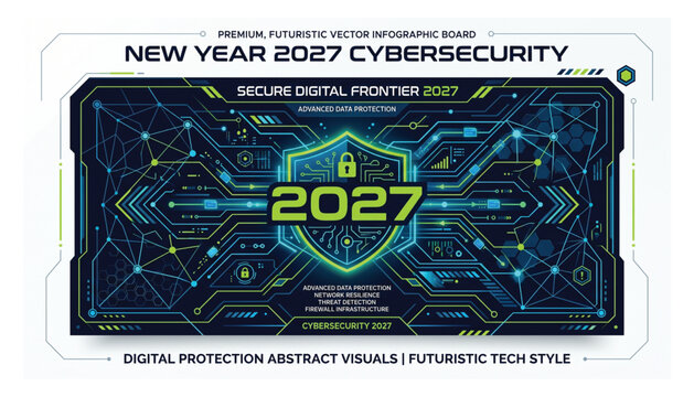 Premium futuristic 2027 cybersecurity infographic board featuring digital protection shield and network circuitry visuals cybersecurity security protection technology infographic internet