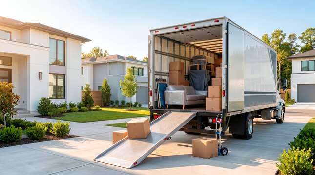 Moving truck unloading boxes and furniture at a modern suburban home