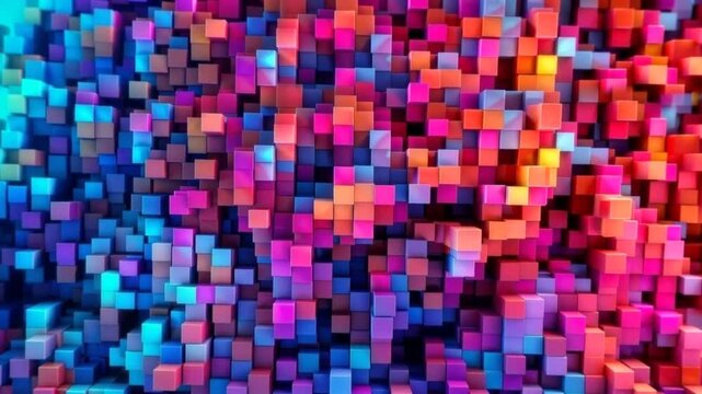 Colorful mosaic of 3D cubes in vibrant rainbow gradient pattern on dark background, abstract digital texture design.