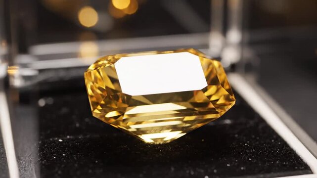 Sparkling Yellow Citrine Gemstone Displayed Inside a Glass Jewelry Case