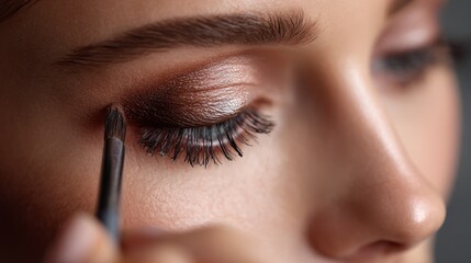 Naklejka premium Closeup of a woman applying shimmering brown eyeshadow with a makeup brush, highlighting her perfectly shaped eyebrows and long eyelashes. Beauty and cosmetics trends in modern eye makeup