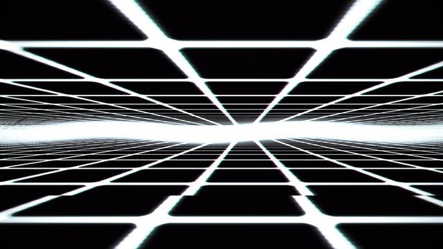 Futuristic white wireframe grid in perspective.