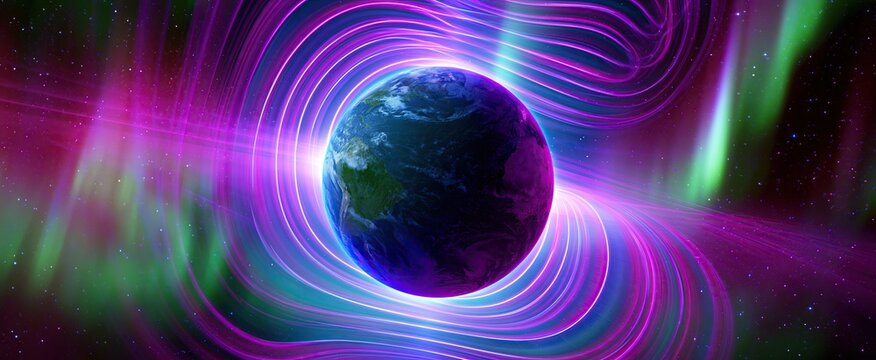 Vibrant digital illustration of Earth's magnetic field shielding against solar particles with colorful auroras and energetic cosmic waves.