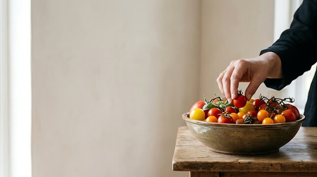 Hand reaching for colorful cherry tomatoes in a rustic bowl