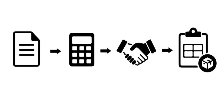 Construction tender process flowchart icon set, bill of quantities calculation, contract agreement, and procurement delivery, black silhouette vector illustration