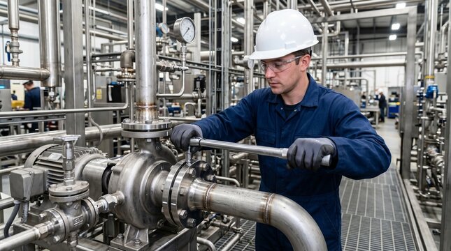 Industrial technician servicing pump system in active manufacturing plant
