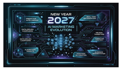 Fototapeta premium New year 2027 AI marketing evolution predictive intelligence and algorithmic insights with marketing intelligence evolution technology analytics interface strategy automation futuristic
