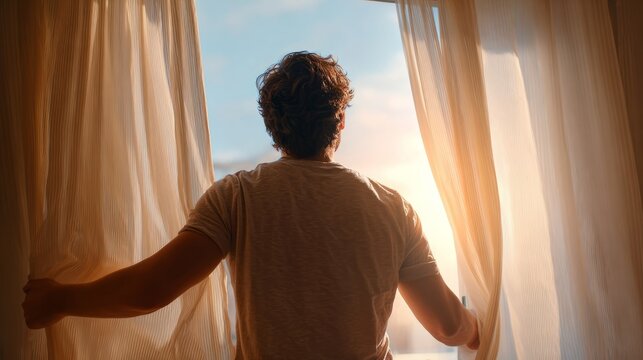 Back view of man opening bedroom curtains at window, welcoming warm sunrise sunlight, morning glow filling cozy apartment, fresh air flowing in, peaceful and relaxing start to a new day at home in sof