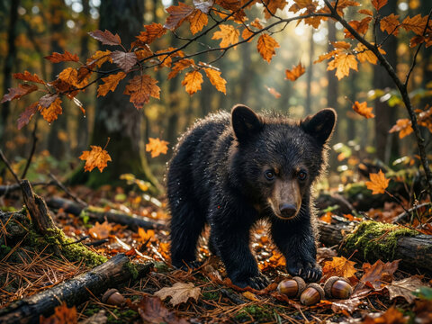 Ours noir majestueux se promenant parmi les feuilles dor&eacute;es d'une somptueuse for&ecirc;t automnale aux couleurs vibrantes et chaudes