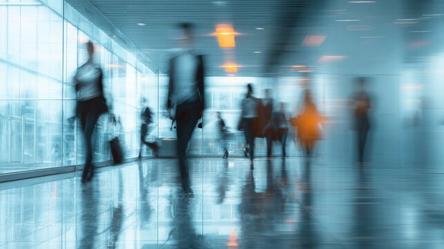 Bright modern office workplace with business professionals walking in blurred motion, dynamic corporate activity, contemporary workspace interior, and busy team movement concept