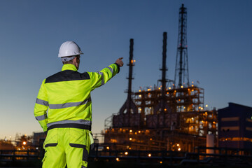 Worker points to oil refinery site at dusk © charnsitr