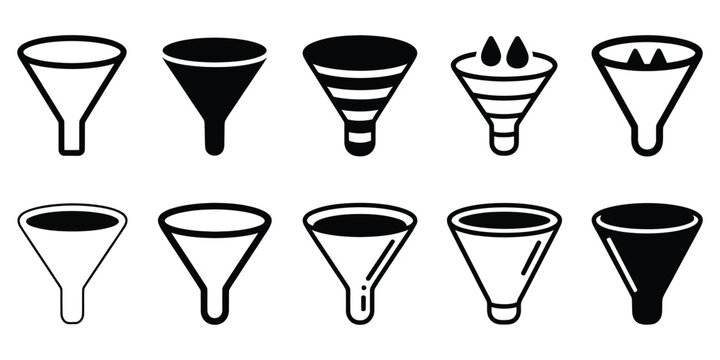 Set of funnel icons filter symbols data processing scientific equipment black and white vector graphics representing sorting purification and information flow