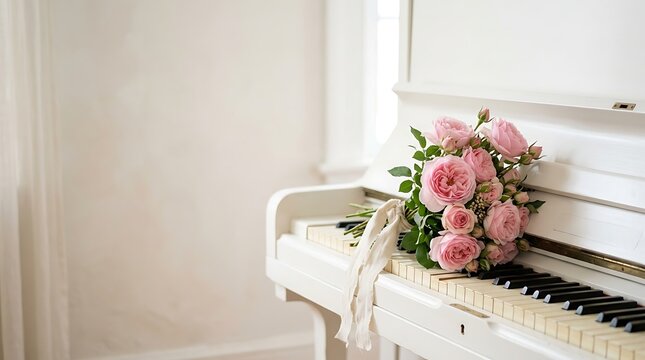 Pink roses bouquet resting on the keys of a white classical piano