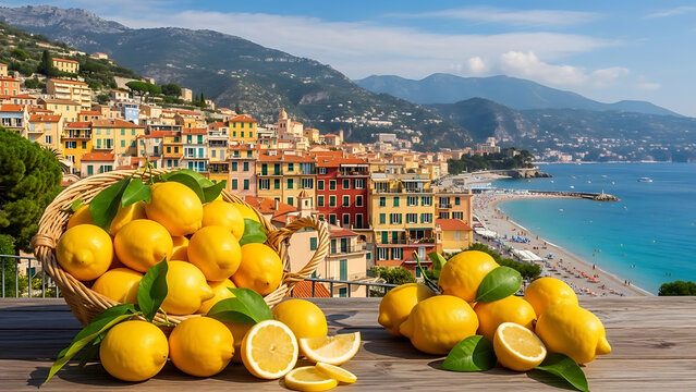Vibrant Menton cityscape captures summer essence with bright yellow lemons against majestic mountains and serene Mediterranean beach backdrop on the French Riviera coast.