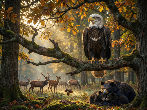 Aigle majestueux perch&eacute; sur une branche dans une for&ecirc;t automnale dor&eacute;e avec des cerfs paisibles en arri&egrave;re-plan