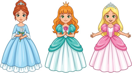 Fototapeta premium Cute Cartoon Princess Characters – Vector Illustration Set