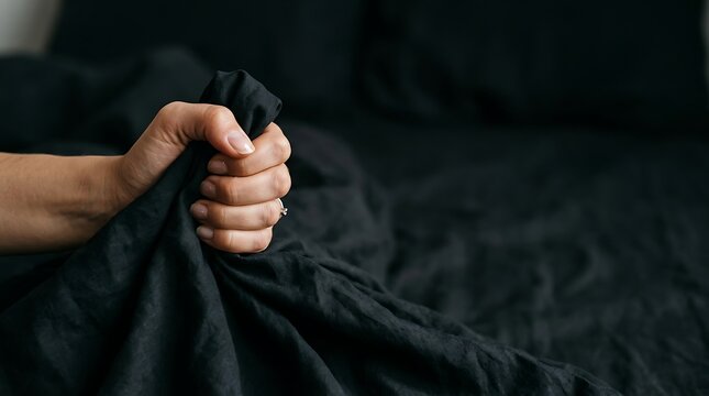 Woman hand clutching black linen bedsheet with intensity