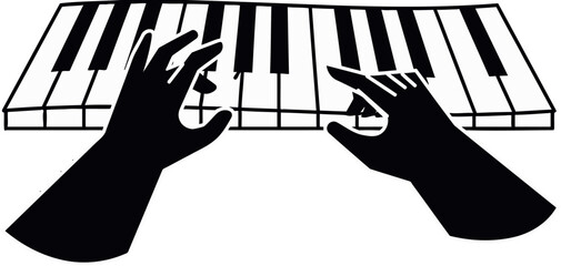 A high-contrast black and white graphic illustration showing a pair of hands playing on a piano keyboard, representing music, creativity, and performance. © Saiful