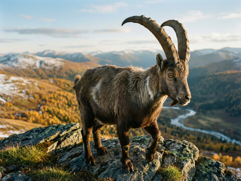Bouquetin des Alpes imposant avec de longues cornes recourb&eacute;es perch&eacute; fi&egrave;rement sur un plateau rocheux de haute montagne