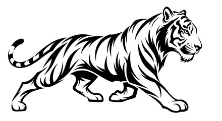 Obraz premium Stylized black and white tiger walking on white background