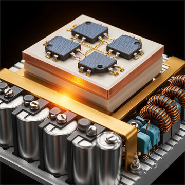 Close Up of High Power Density SiC MOSFET Inverter Board with Toroidal Inductors and Heavy Copper Busbar for 800V DC Data Center Power sidecar