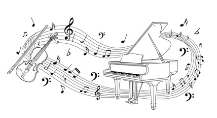 Elegant musical composition with piano, violin, and flowing notes. © gambar