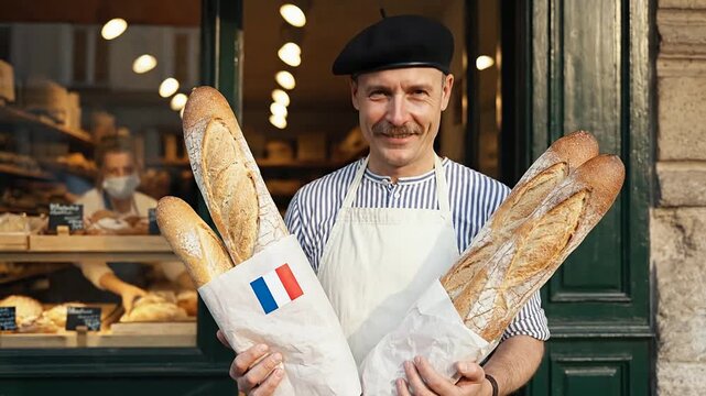 Freshly Baked Baguettes Held By A French Baker In Front Of A Rustic Bakery With Warm Lighting