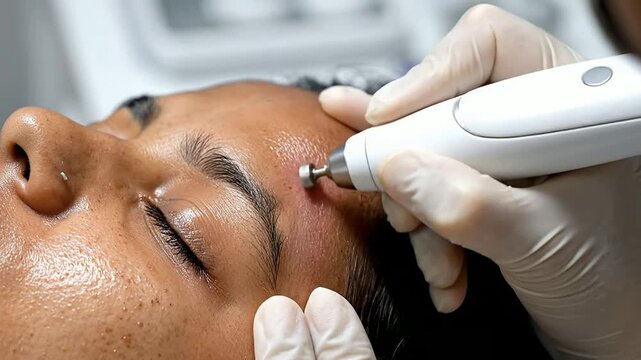 High Angle Shot of Microneedling Treatment on Forehead for Skin Rejuvenation in a Professional Skincare Setting