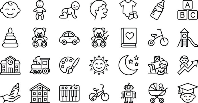 Minimalist baby and childhood line icon set for early education parenting apps and nursery product branding
