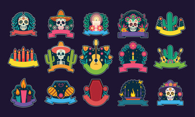 Fototapeta premium Day of the dead stickers with ribbon vector illustration set