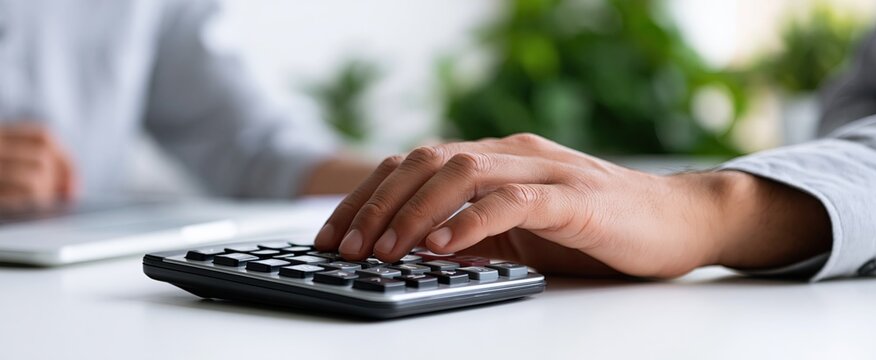 In a modern office environment, a hand operates a streamlined calculator on an organized desk, highlighting financial planning.