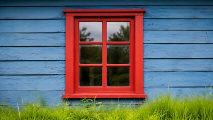 Obraz premium Red Window on a Blue Wooden House Surrounded by Green Grass