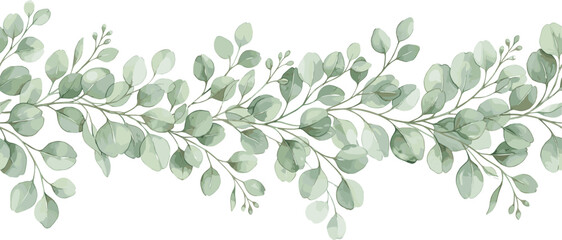 Watercolor eucalyptus leaf horizontal border for wedding invitation and natural organic branding design element © SeeShoyagini