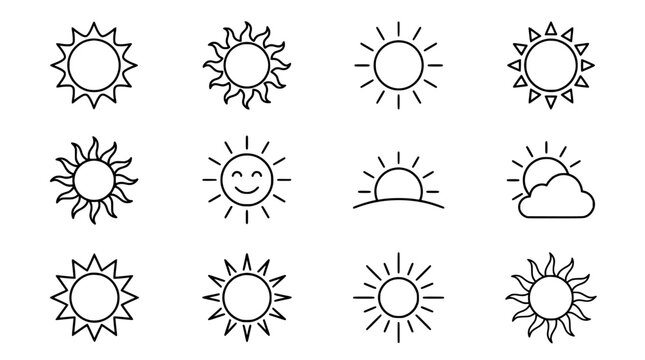 Minimalist sun icon set with 12 linear weather symbols. Black outline sun illustrations for web design. Modern solar energy and sunrise graphics.