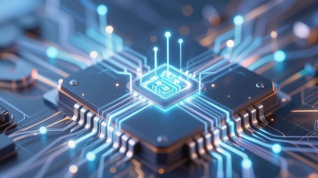 Futuristic Microchip with Glowing Circuits in Action