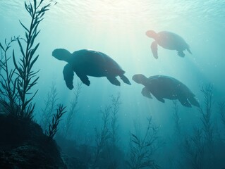 Fototapeta premium Silhouettes of Sea Turtles Swim Underwater Amidst Ocean Plants
