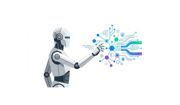 Humanoid robot interacting with abstract data visualization network node for artificial intelligence cybersecurity concept