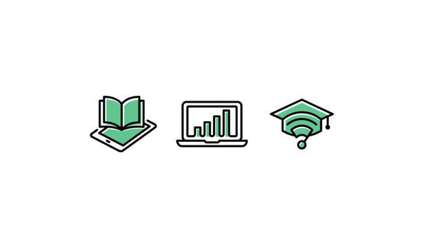 Minimalist online education logo vector set with abstract line art laptop tablet e learning icons