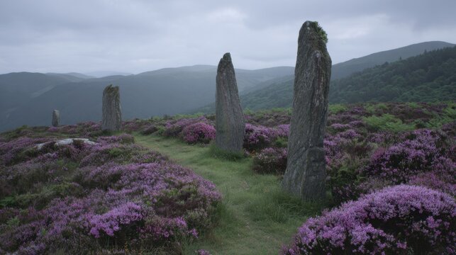 Ancient Standing Stones Amidst Purple Heather and Misty Scottish Highlands