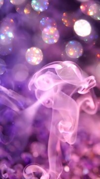Ethereal Dance of Colors: A Mesmerizing Blend of Smoke and Light Creates a Dreamlike Atmosphere with Swirling Hues of Purple, Pink, and Shimmering Sparkles