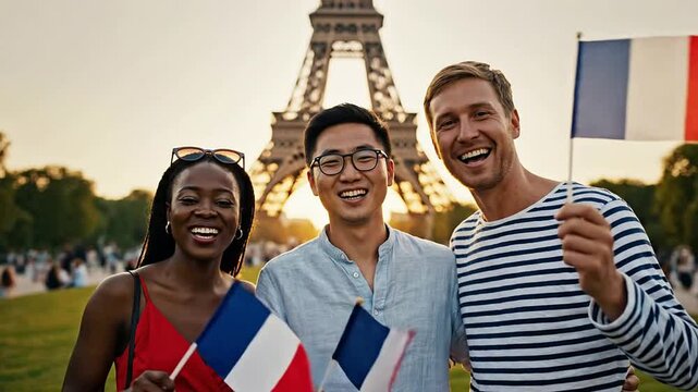 Joyful Diverse Group Of Friends Celebrating Bastille Day In A Parisian Park With Eiffel Tower At Sunset Holding French Flags